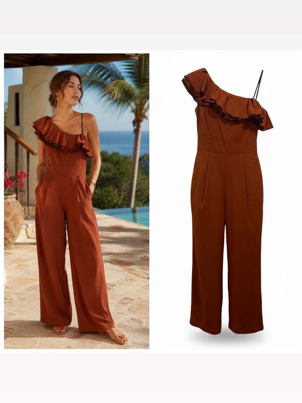 Sea New York Brown Jumpsuit Linen One Shoulder Wide Leg 2 Resort Ruffle NWT 🟡